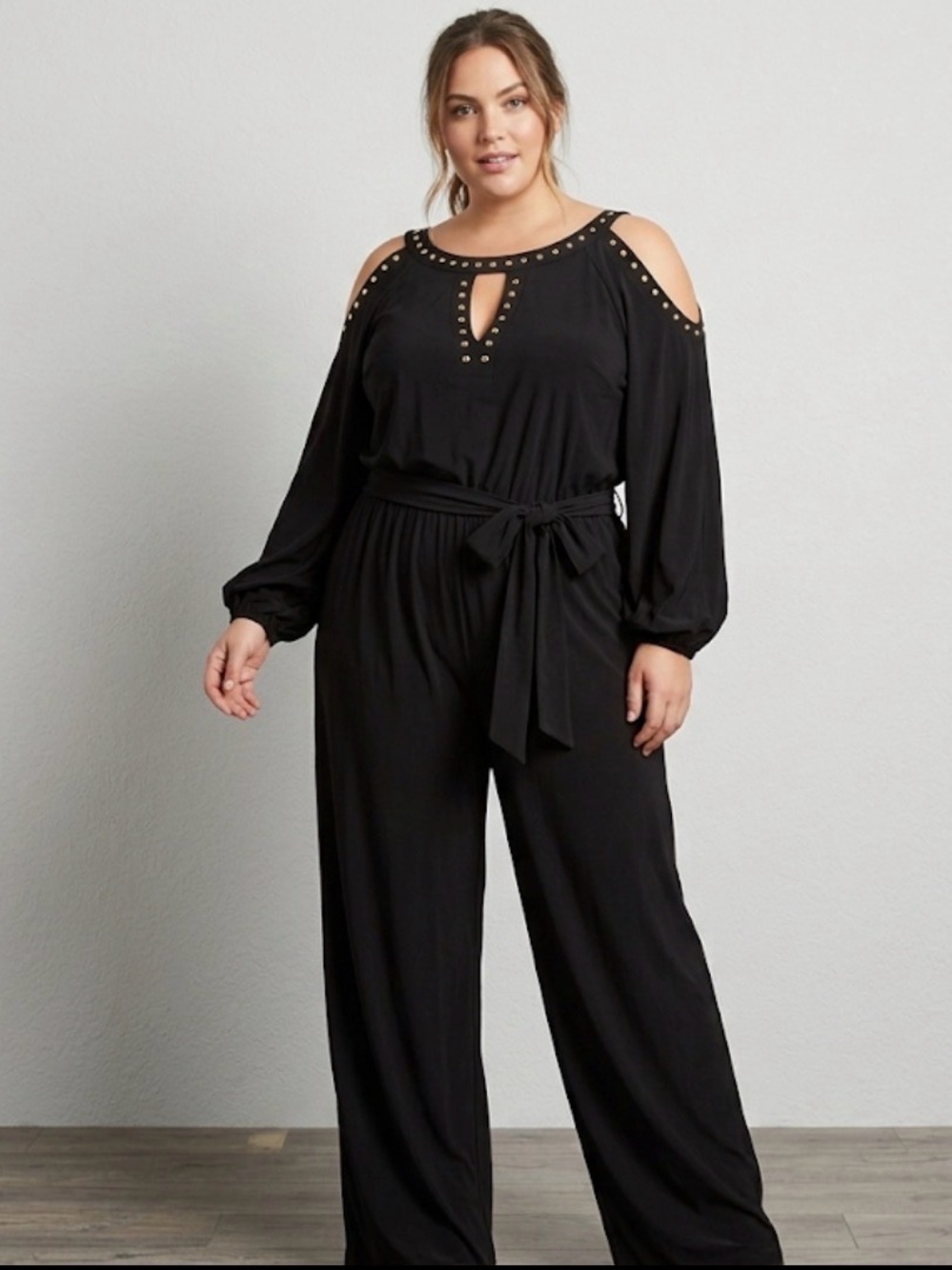 SOHO Apparel Black Cold Shoulder Jumpsuit 1X Studded Keyhole Neck Wide Leg Goth
